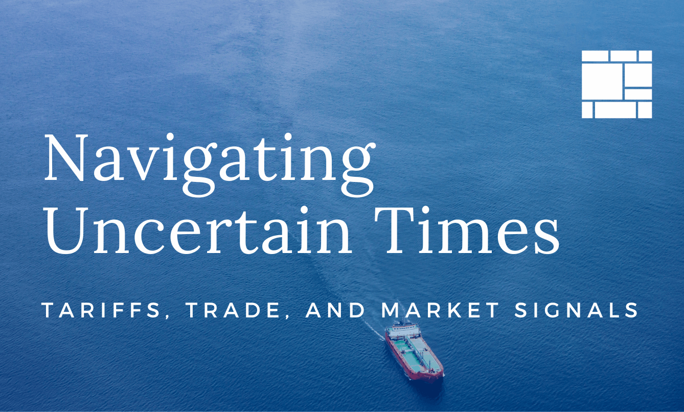 Text graphic reading "Navigating uncertain times - Tariffs, Trade, and Market Signals" and features pathstone logo and image of container ship on the water.